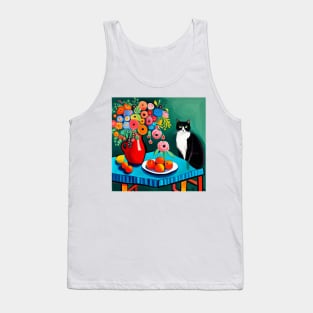 Tuxedo Cat with Fruit and Flowers Still Life Painting Tank Top